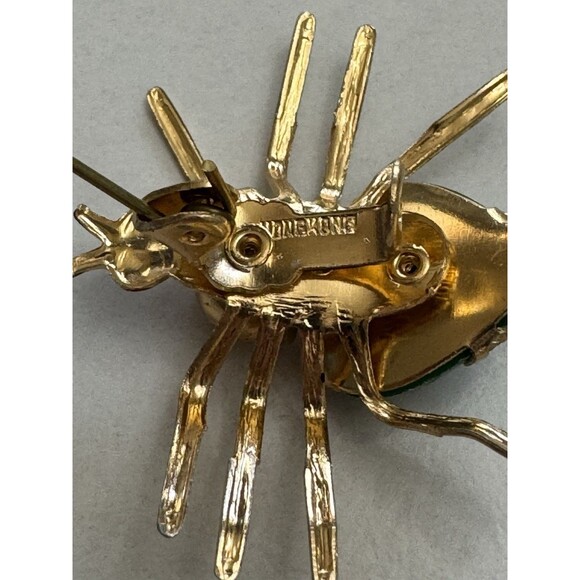 Vintage Hong Kong Green Enamel Bug Brooch Faux Pearl Red Eyes - Picture 4 of 6